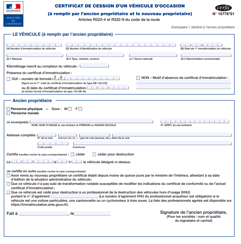 Certificat de cession d'un véhicule d'occasion (Cerfa 15776)